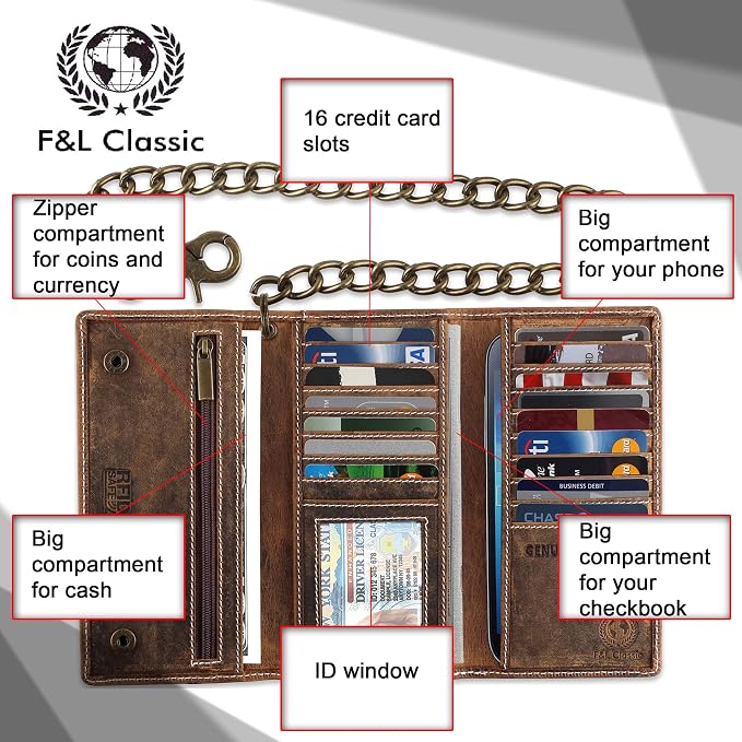 F&L CLASSIC Chain Wallets for Men buffalo premium leather RFID blocking long style Tri-fold for Trucker, bikers, vintage look,buff hunter White stitching,212 - Image 3