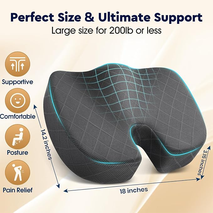 Seat Cushion - Memory Foam Sitting Pillow for Office Chair, Car Seat, Airplane, Bleacher - Sciatica & Hip & Coccyx Pain Relief Desk Chair Cushion for Long Sitting Office Workers, Car Drivers | for Car Seat, Airplane, Desk Chair - Sciatica & Hip & Coccy... - Image 2