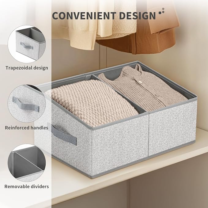 DIMJ Large Closet Shelf Organizer Bins 6 Packs with Handles and Divider, Fabric Trapezoid Storage Baskets, Foldable Clothes Containers Box for Shelf, Towel, Book, Toy, Purse, Hats, Grey - Image 4