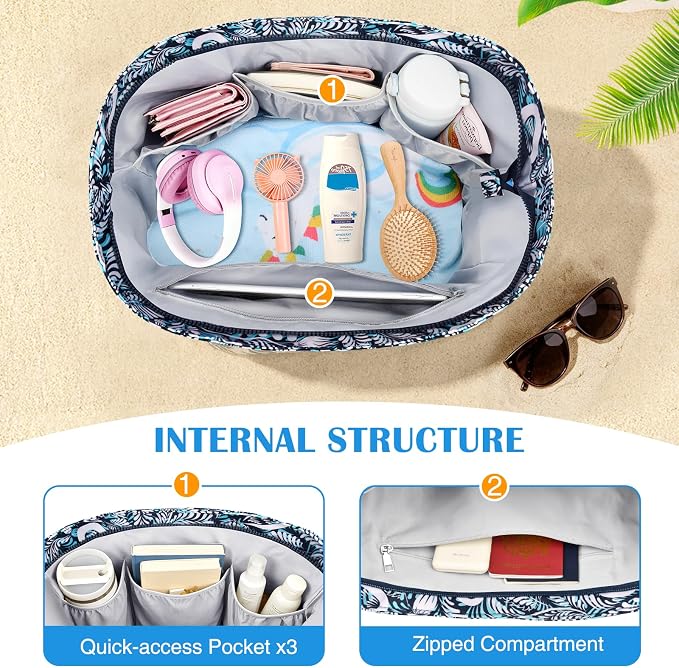 HUANLANG Large Beach Bags for Women Pool Bag with Zipper, Waterproof Sandproof Beach Tote Travel Bag with Wet Pocket - Image 5