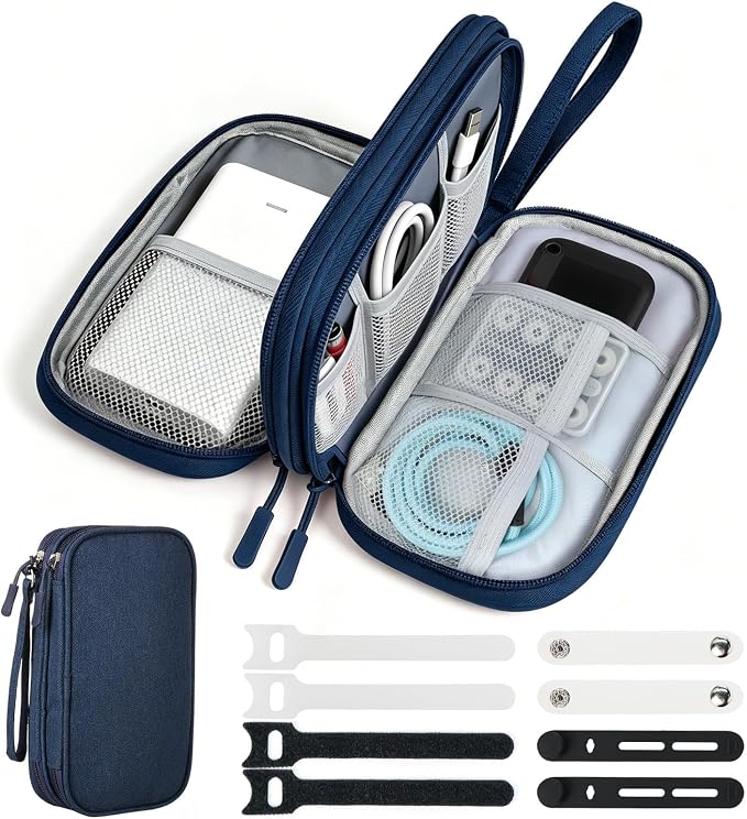 Double Layer Electronics Organizer Bag, Navy Blue | Water-resistant Oxford pouch with padded lining & 8 compartments. Compact 8.27x4.92in size. Includes 8 cable ties. by Woyinger