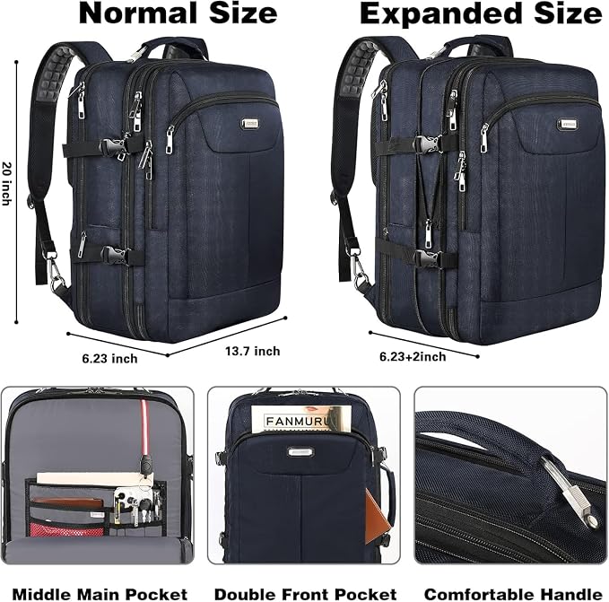 VECKUSON 50L Carry-On Backpack - TSA Approved, Expandable to 40L/50L, Fits 17.3" Laptop, RFID Anti-Theft, 3 Packing Cubes Included, Heavy-Duty Weekender for Men/Women (Black) - Image 2