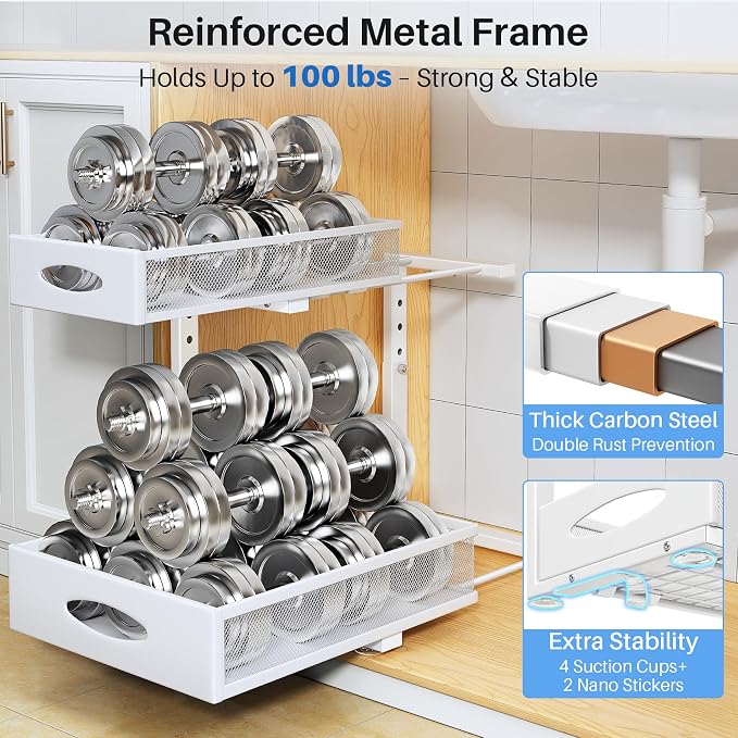 Under Sink Organizer, 2 Pack 2 Tier Pull Out Under Cabinet Organizer Shelf with Pad for Framed Cabinets, Metal Slide Out Under Sink Storage, Mesh Sliding Drawers for Kitchen Bathroom Laundry, White - Image 7
