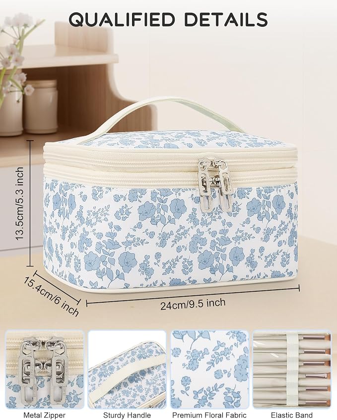 Relavel Travel Makeup Bag, Floral Cosmetic Bag with Brush Compartment | Large Portable Makeup Pouch for Women with Handle, Double Layer Makeup Organizer Toiletry Bag for Travel-size Necessaries - Image 2