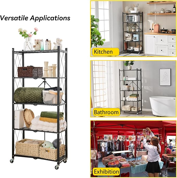 BRIAN & DANY 5-Tier Foldable Storage Shelves with Wheels, Folding Metal Rack Shelving Unit, Heavy Duty No Assembly Organizer Shelf for Garage, Kitchen, Basement, Pantry, Black - Image 5
