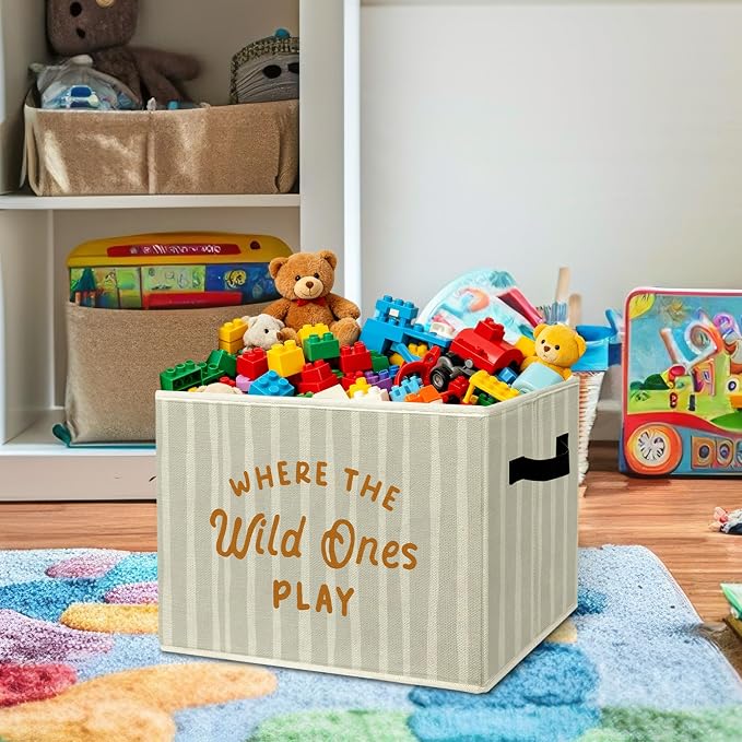 Rustic Where the Wild Ones Play Storage Bins Boxes with Handles | toys books clothes, neutral striped nursery foldable basket for organizing bedroom toddler room playroom - Image 2