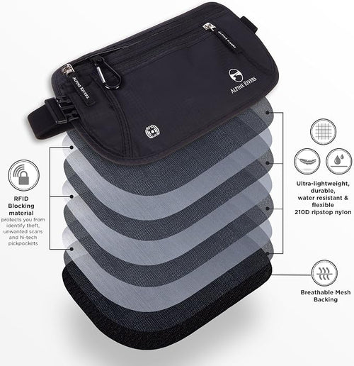 Alpine Rivers Money Belt for Travel - RFID Hidden Wallet, Onyx Black | Triple-layer RFID shielding, hidden passport holder and waist wallet, 7 card sleeves included, fits 26-56 inch waists - Image 2