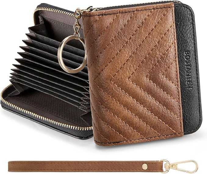 BOSTANTEN Credit Card Holder Small RFID Wallet Women with Keychain Wristlet | Compact, Accordion Design, Easy Organization, Fits Small Purses, Quilted Vegan Leather, Perfect Gifts, Brown＆Black - Image 6