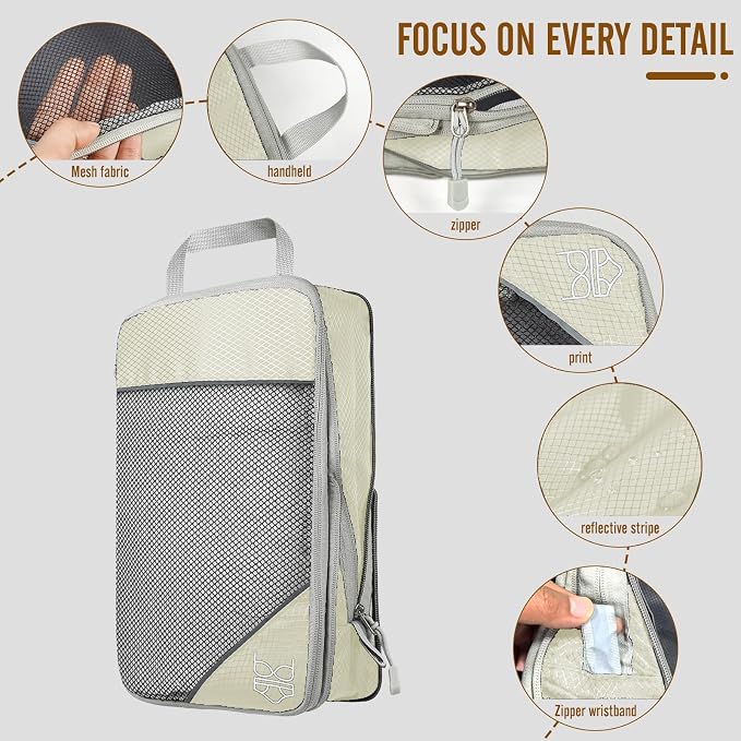 8 Set Compression Packing Cubes for Travel, Expandable Luggage Organizer with Shoe Bag & Laundry Bag - Lightweight Suitcase & Backpack Travel Essentials (Beige) - Image 4