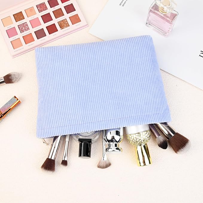 SOIDRAM 2 Pcs Corduroy Makeup Bag Large Cosmetic Bag Toiletry Bag Makeup Pouch Travel Bag Organizer Cute Makeup Brushes Aesthetic Accessories Storage Bag for Women Blue - Image 5