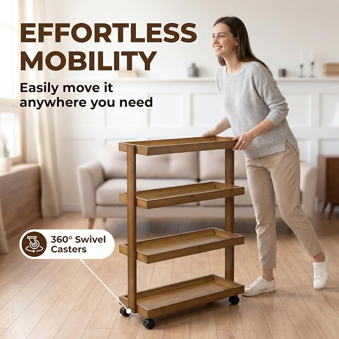 4-Tier Narrow Side Table with Wheels, Solid Wood Slim Rolling Storage Cart, Skinny End Table for Small Spaces, Moving Utility Shelf Organizer for Living Room, Bedroom, Kitchen, Bathroom - Image 4