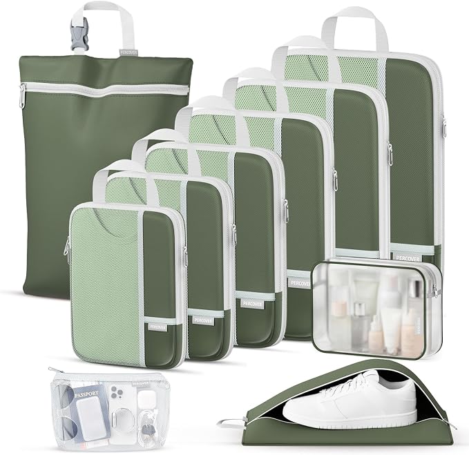 Percover Compression Packing Cubes for Travel, 10-Piece Structured Compression Organizer Set with Toiletry Bag, Laundry Bag & Shoe Bag for Carry-On & Checked Luggage, Green by Unknown