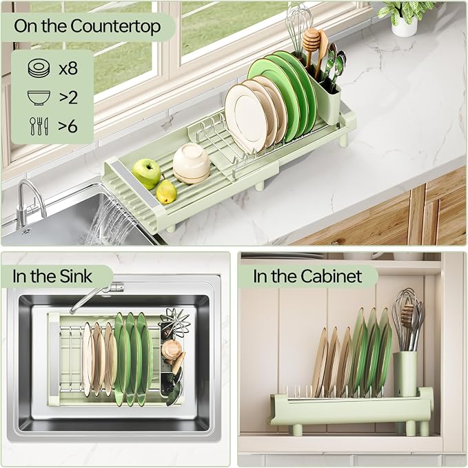TOOLF Small Dish Drying Rack, Expandable and Space-Saving, Grayish Green | Mini Dish racks for kitchen counter, Compact Design Fits Sink or Counter, Stainless Steel Plate Rack, 11"-19.3"L×7.7"W×3.54"H - Image 3