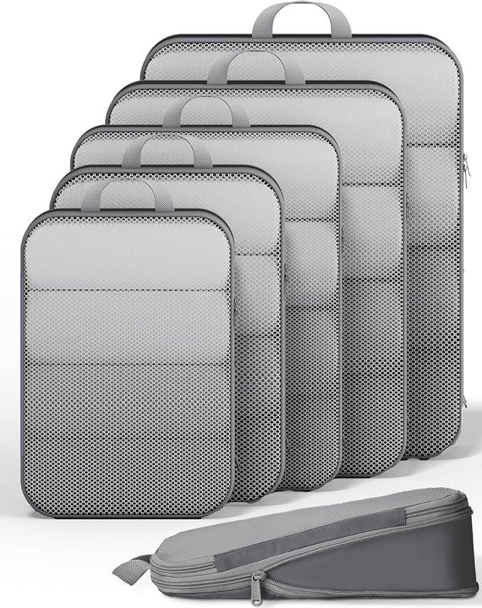 Veken 6/9/11 Set Compression Packing Cubes Garment Bags for Travel Essentials,Compressible Expandable Luggage Organizer Bags for Clothing,Space Saver Bags with Over 1000 pcs of Mesh Holes(Gray) by Veken