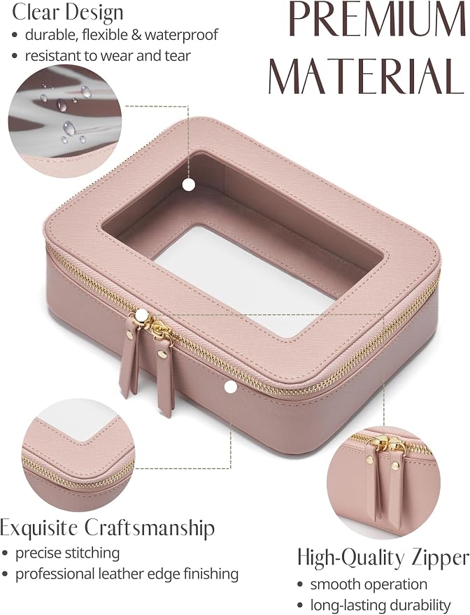 Clear Makeup Bag with Zipper, Set of 2, Mini and Medium, Mauve Pink | Clear Travel Bags for Toiletries, Structured Cosmetic Case for Women, Waterproof PU Leather, Wide Open Portable Car Organier - Image 4