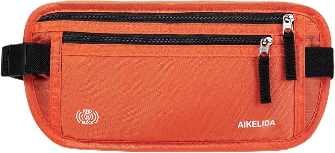 RFID Blocking Money Belt - Passport Holder & Travel Wallet, Slim Hidden Fanny Packs for Women Men - Orange by AIKELIDA