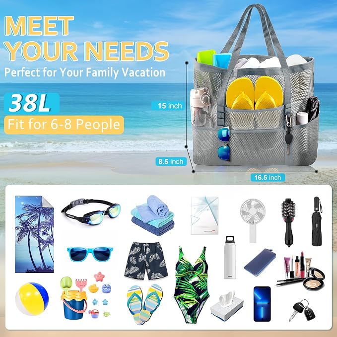 SRISE Mesh Beach Bag - Large Beach Tote Bag for Family Beach Bag for Toys & Vacation Essentials - Image 2