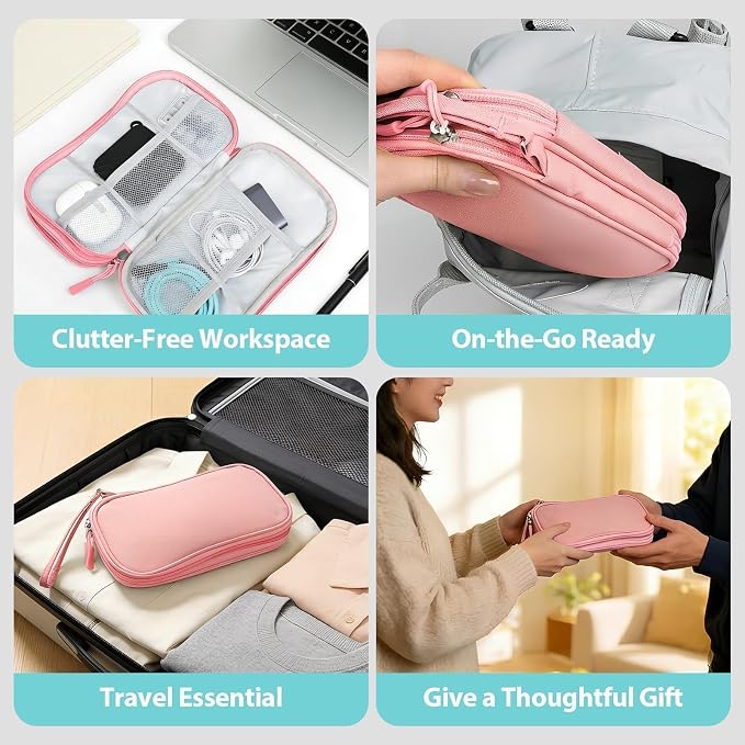 Travel Electronics Organizer Double Layer Tech Pouch Pink | Water-resistant Oxford fabric with 8 compartments for 3ft+ cords, chargers and phones. Includes 8 cable ties. - Image 6