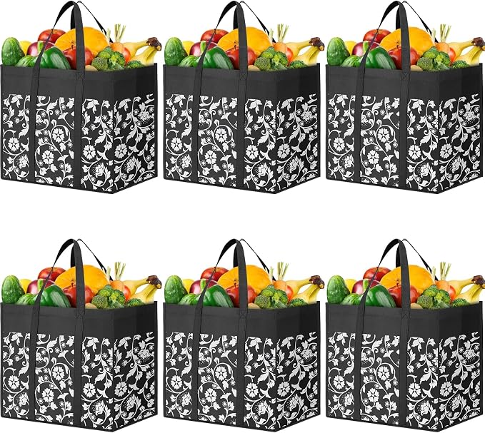 Reusable Grocery Bags Foldable Tote Bags bulk Shopping Bags 6-Pack, Black | Reinforced Handles Shopping Bags for Groceries Heavy Duty Kitchen Reusable Grocery Bags with Waterproof Coating by WOWBOX