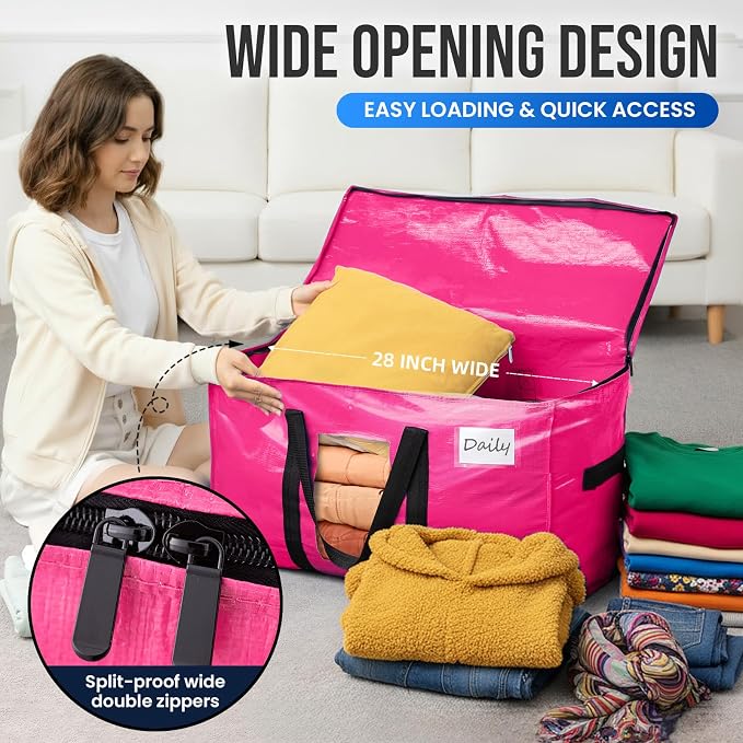 TAILI 8 Pack Pink Extra Large Moving Bags,Storage Bags with Visible Window | 93L Heavy Duty Totes For Storage,Wrap Around Handles,Alternative to Moving Boxes, College Dorm,Perfect for Moving - Image 4