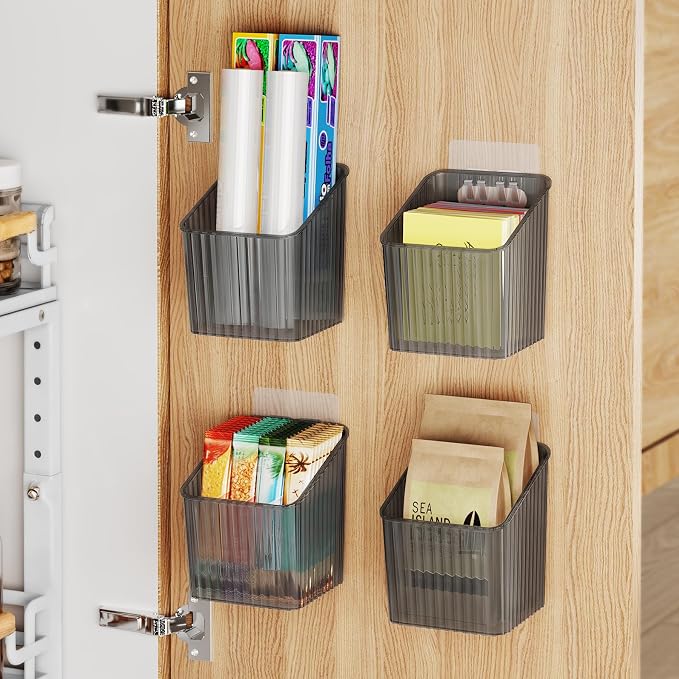 NiHome 4-Pack Cabinet Door Organizer, Adhesive RV Camper Wall Storage Caddy | No-Drill Plastic Bin With Drain Holes For Kitchen Bathroom Pantry Organization, Space Saving Small Item Holder, Gray - Image 2