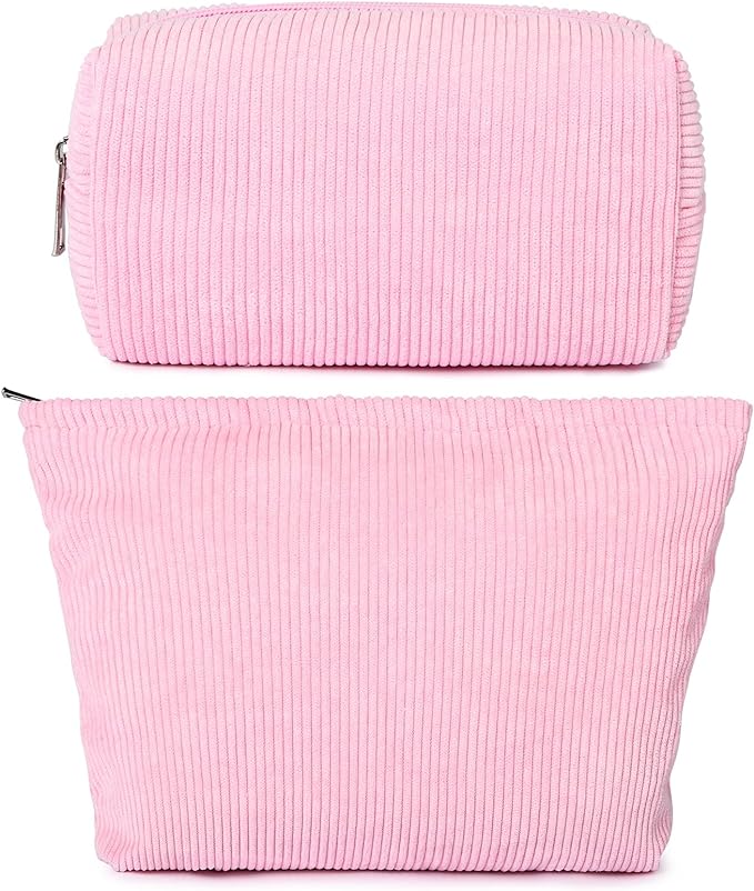 SOIDRAM 2 Pieces Makeup Bag Large Corduroy Cosmetic Bag Capacity Canvas Mix Travel Toiletry Bag Organizer Cute Makeup Brushes Aesthetic Accessories Storage Bag for Women,Corduroy Mix Hot Pink by SOIDRAM