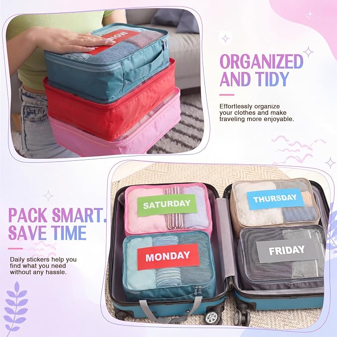Woanger 14 Pcs Packing Cubes for Travel Days of Week Packing Cubes with Labels Zippered Camping Bag for Summer Camp Essentials - Image 5
