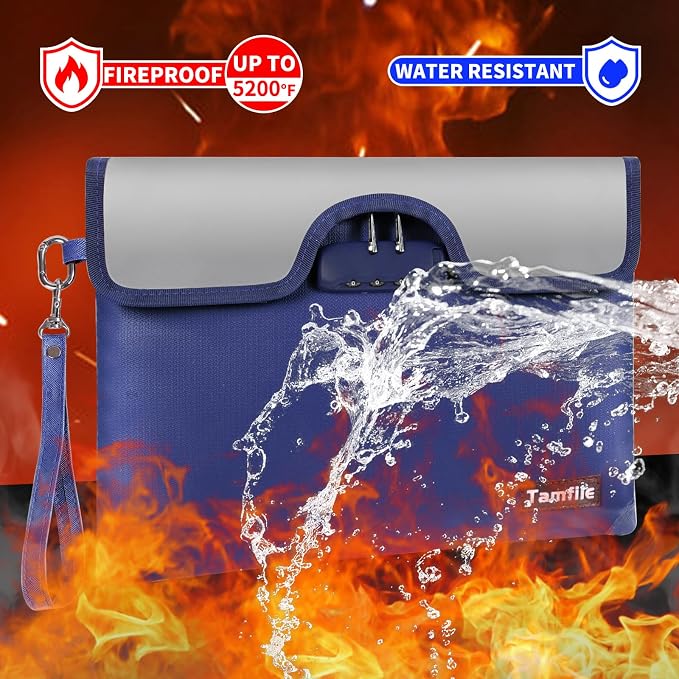 5200°F Fireproof Money Bag with Lock, Water Fireproof Document Bag with Zipper, 8 Layers Fire Insulation, Fireproof Safe Storage Pouch with Lock for Cash, Passport, Certificate(10" x 13", Blue) - Image 2