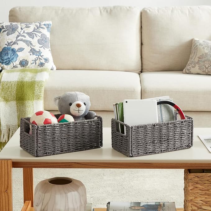 Wicker Storage Basket, Set of 2 Grey Baskets for Toilet Paper | Hand-Woven Wicker Baskets, Small Storage Baskets for Organizing with Handles Foldable Cube Storage Organizer Bins for Shelves - Image 2