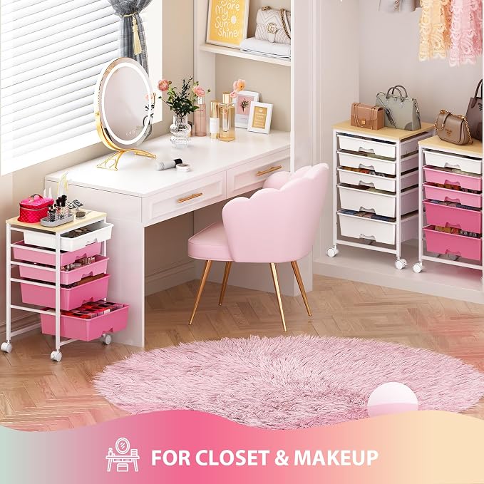 Goovilla Rolling Cart with 5 Drawers for Craft, Art, Dorm, Office, Pink | Utility Cart Organizer With 5 Removable Drawers and Wooden Tabletop, Lockable Rolling Storage Organizer for Classroom, Home - Image 8