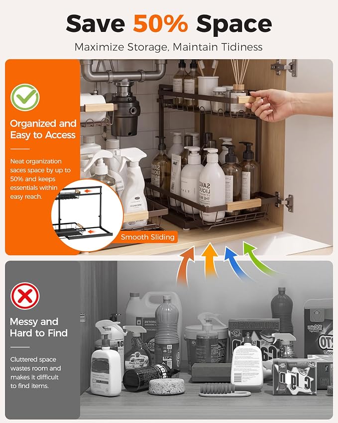 2-Pack 2-Tier Height Adjustable Under Sink Organizer & Storage | Multi-purpose storage for kitchen & bathroom cabinet. Extra Large brown shelf, height adjustable design for space-saving. - Image 2