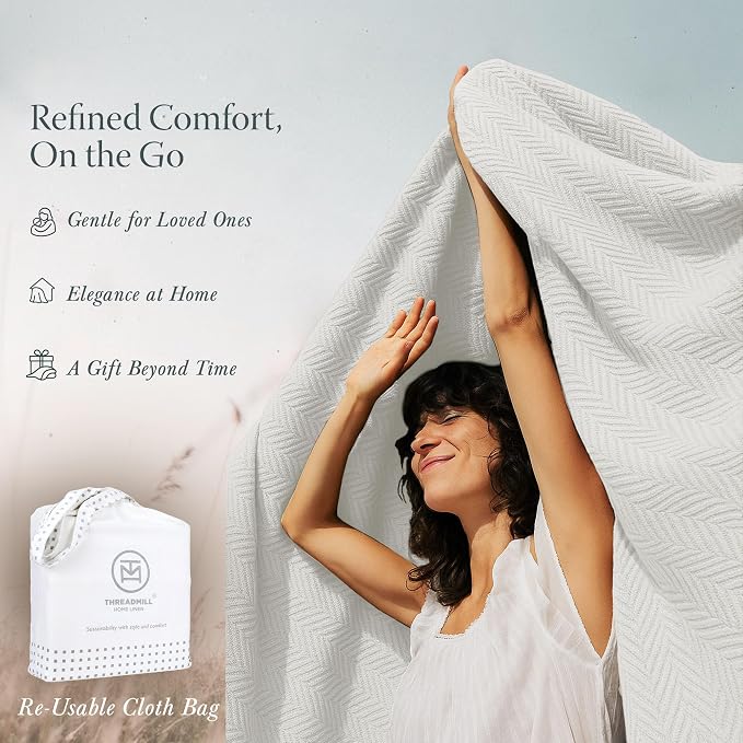 Threadmill Luxury Cotton Blankets for Queen Size Bed | All-Season 100% Cotton Queen Size Blanket | Herringbone Cozy, Soft Breathable Fall Thermal Blanket fits Full Size Bed | Tusk White | 100% Cotton, Herringbone Pattern, 90x92 in, Breathable, Moisture... - Image 7