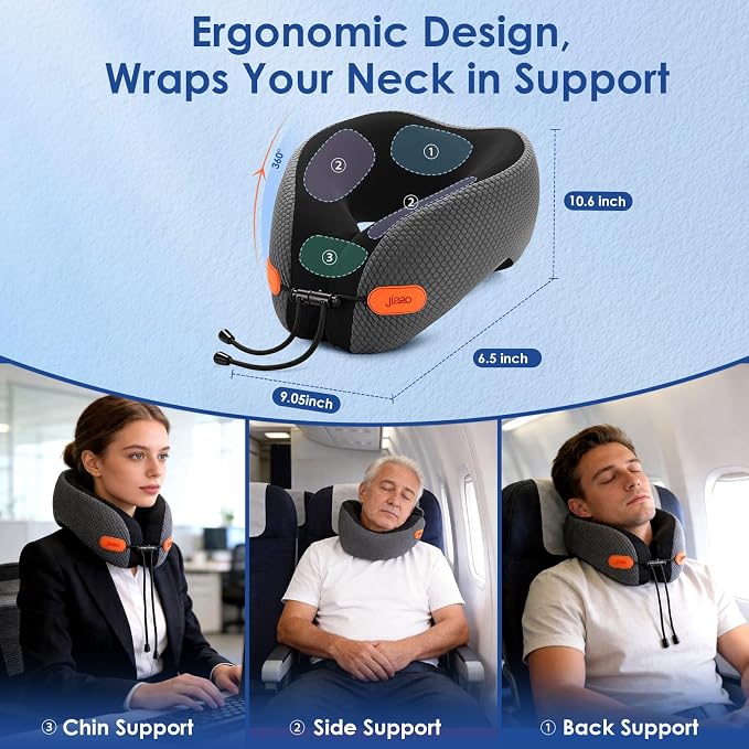Travel Pillow Memory Foam Neck Pillow for Airplanes with Adjustable Neck Support, Includes Eye Mask, Earplugs & Storage Bag - Perfect for Flights, Road Trips, and Trains - Image 2