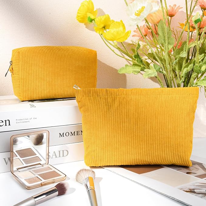 SOIDRAM 2 Pcs Corduroy Makeup Bag Large Cosmetic Bag Toiletry Bag Makeup Pouch Travel Bag Organizer Cute Makeup Brushes Aesthetic Accessories Storage Bag for Women Mustard Yellow - Image 2