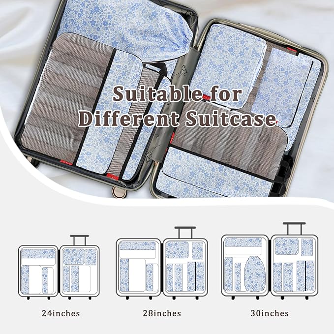 U+U 8 Set Compression Packing Cubes, Travel Organizers (Blue Flower) | Space-Saving & Lightweight Travel - Image 7
