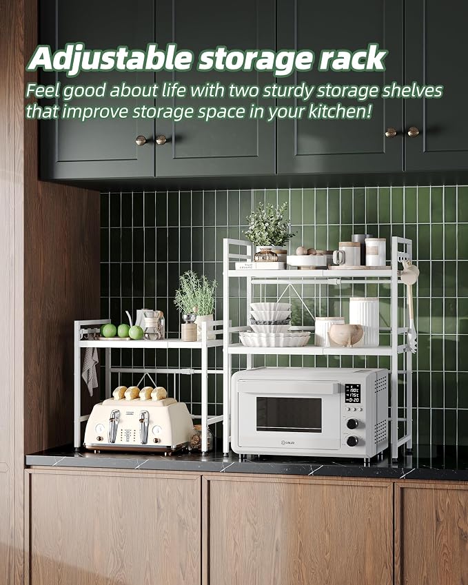 3 Tier Expandable Microwave Stand countertop,Microwave Oven Rack | microwave shelf, storage shelves for pans &appliances,Adjustable partition height，55 Lbs load Per Tier,White - Image 4
