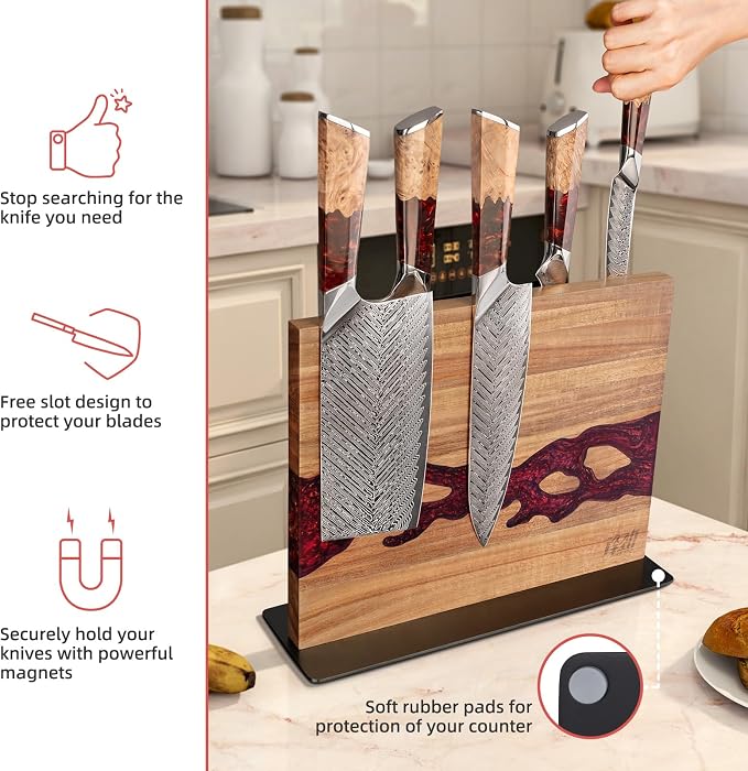 Magnetic Knife Block, Double Sided Holder, Powerful Magnet Kitchen Storage, Acacia Wood and Red Resin (12 x 10 Inches, Without Knives) - Image 3