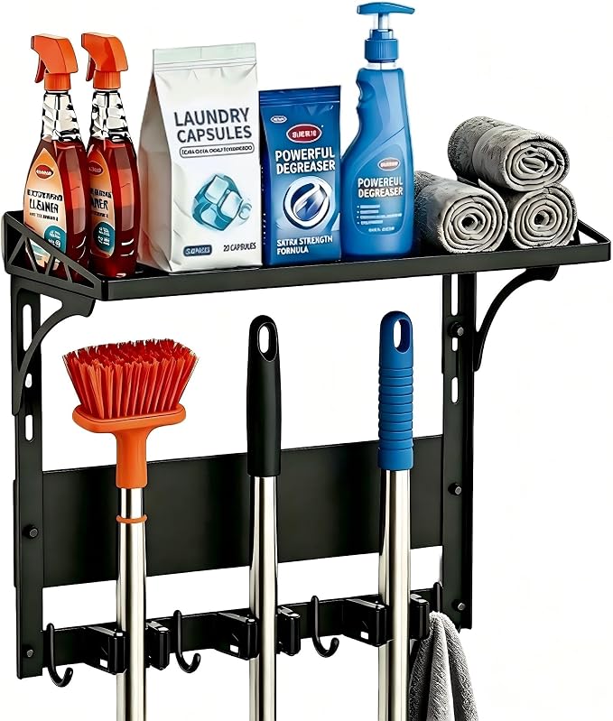 MUTUACTOR Heavy Duty Magnetic Broom Holder,Anti-slip Magnetic Tool Rack with Top Utility Shelf, Easy Assembly Broom Mop Organizer for Refrigerator Metal Cabinet Laundry Room Kitchen,3-Clamps 4-Hooks by MUTUACTOR
