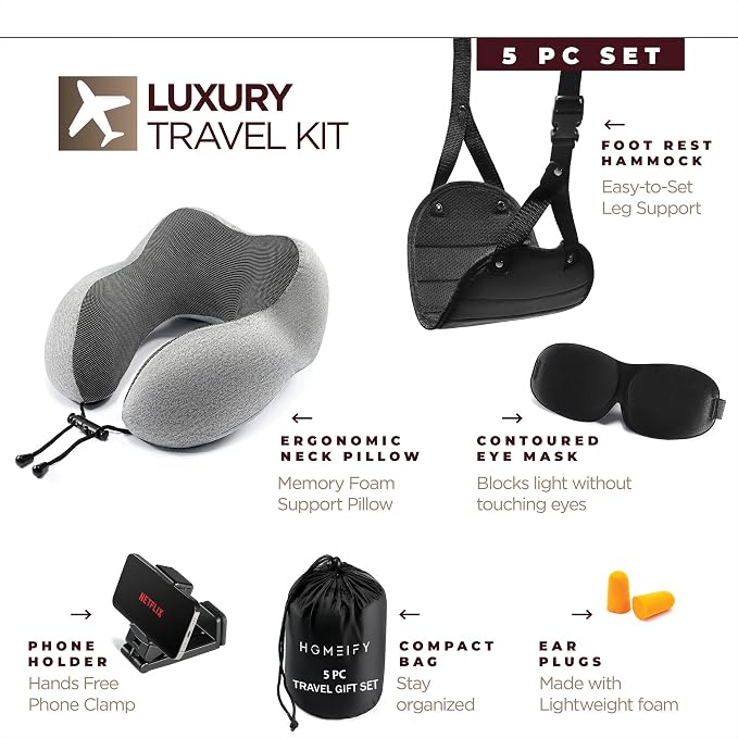 Homeify Airplane Travel Kit – Adjustable Memory Foam Airplane Neck Pillow with Phone Holder, Eye Mask, Foot Hammock, and Earplugs – 6 Piece Plane Travel Essentials for Long Flights - Image 9