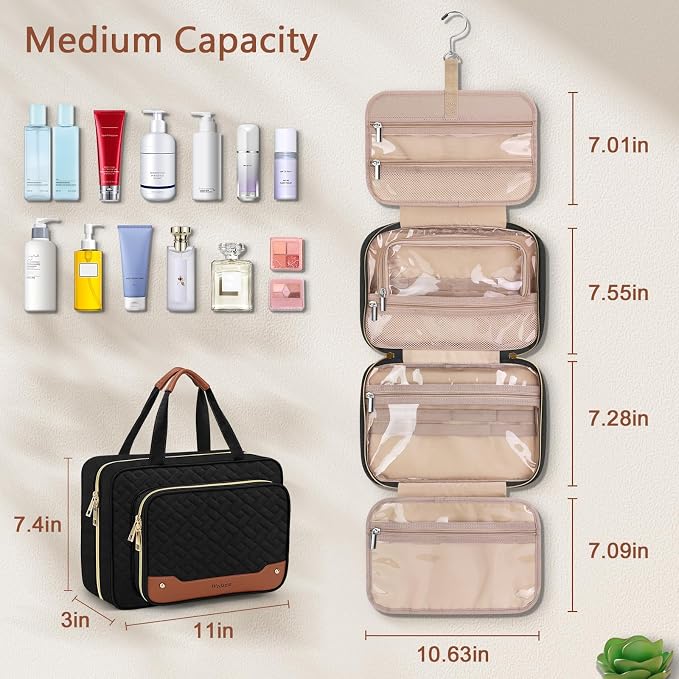 Toiletry Bag for Women, Hanging Travel Toiletry Bag with Jewelry Organizer Compartment Medium Makeup Bag, PVC Waterproof Cosmetic Travel Bag Trips Camping Bathroom, Black+Brown - Image 4