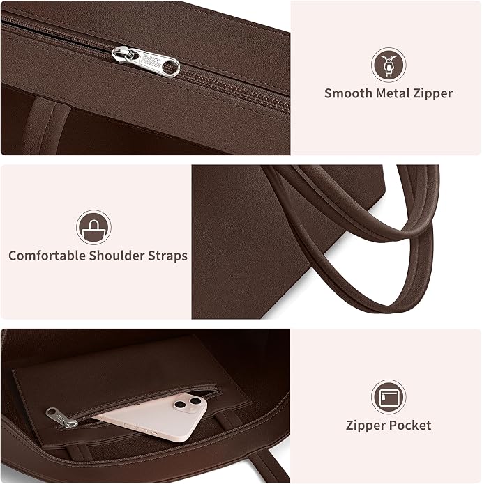 KALIDI Tote Bag Zipper Shoulder Bag Vegan Leather Purses Satchel for Women | Large Casual Handbag for Work Commuting Dating College Everyday - Image 5