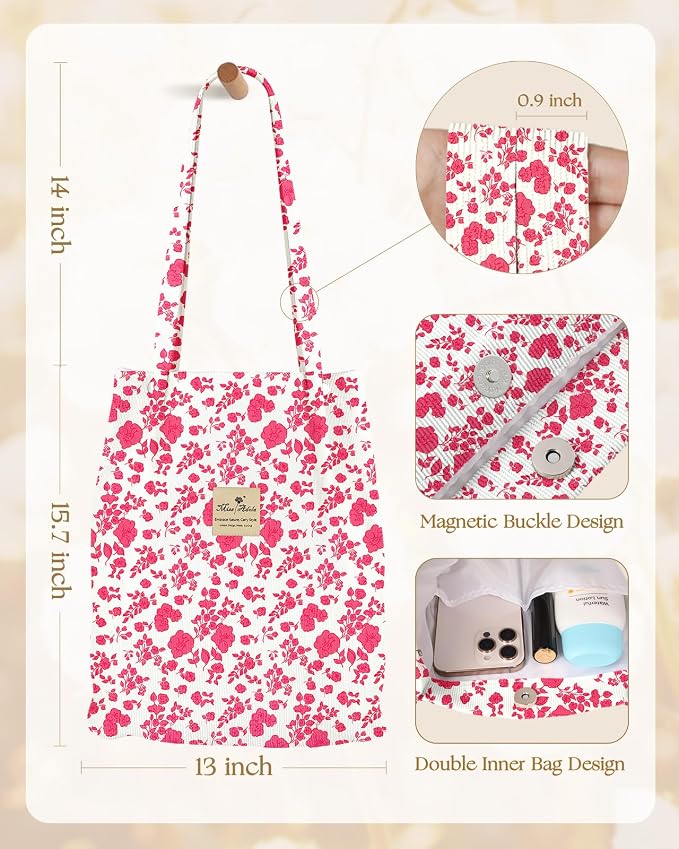 Miss Adola Corduroy Tote Bag for Women with Aesthetic Design | Magnetic Buckle & Pocket, Reusable, Soft, Roomy, Long Shoulder Handles, Double-sided Print, Casual Daily Work, Grocery Bags - Image 5