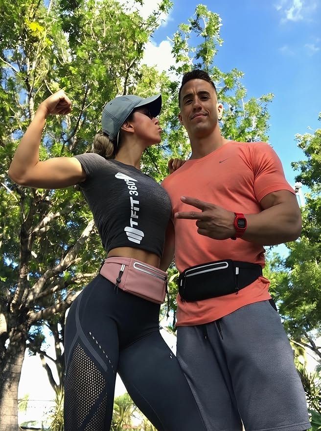 Running Belt Fanny Pack:3 Pocket Waist Bag for Men Women Workout Exercise Fitness Phone Holder Fits All Phones - Runner Marathon Jogging Race Belt with Bib Clip (Pink) - Image 3