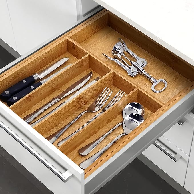 VaeFae Bamboo Drawer Organizer, Large, Natural | Expandable Silverware Organizer, Kitchen Utensil Storage, Wooden Cutlery Tray with Dividers, Fork and Spoon Holder - Image 7