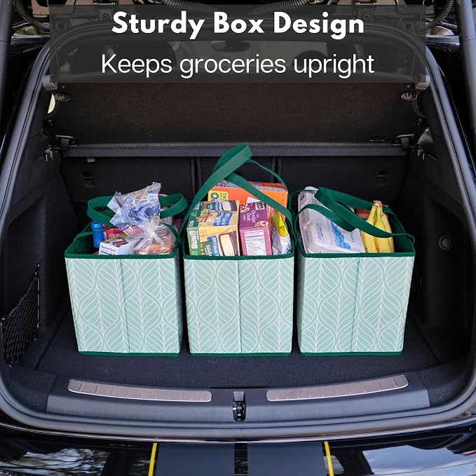 Reusable Grocery Bags (3 Pack) – Heavy Duty Reusable Shopping Bags for Groceries with Box Shape to Stand Up, Stay Open, Fold Flat – Large Tote-Bag is Foldable with Long Handles & Hard Bottom (Green) - Image 6