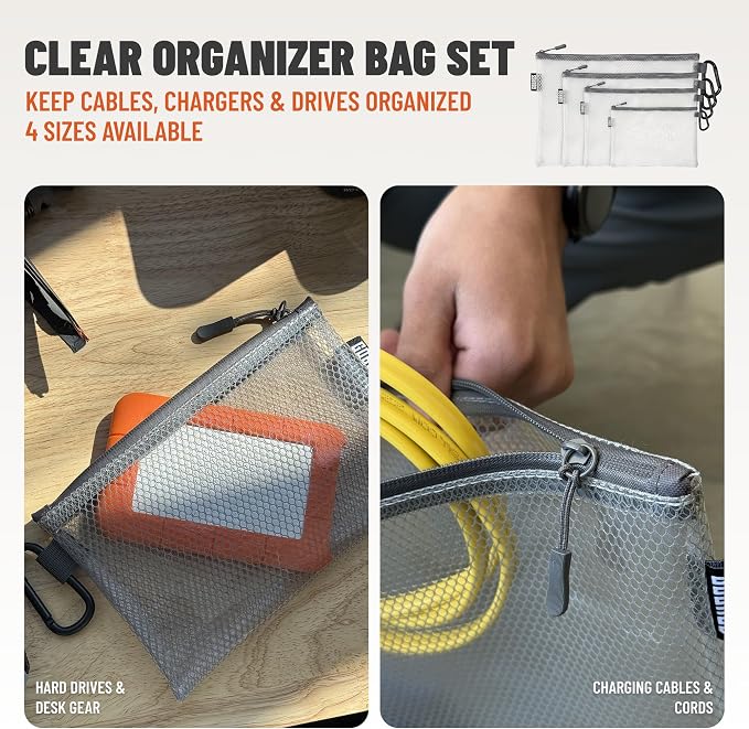 Air Production Multi-Size Clear Zipper Pouch (4-Pack) – Cable Organizer & Travel Gear Bag for Electronics, Camera Accessories, Tool Pouch & Small Tech Storage (Gun Gray) - Image 3