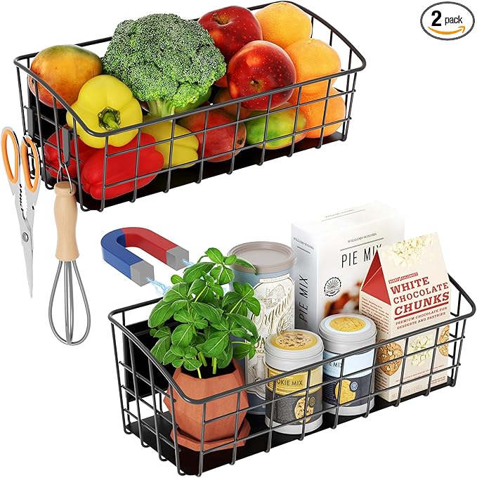2Pack Magnetic Shelf for Refrigerator with Removable Hooks(Black) | Strong Magnetic Spice Rack for Kitchen Storage, Fruit Potato Onion Storage Shelves, Large Magnetic Basket Organizer by PrimZootyDesign