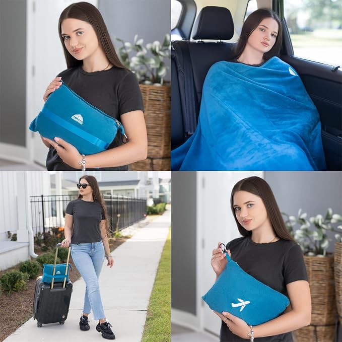 BlueHills Premium Soft Mini Plush Travel Blanket Value Pack Set of 2 - Airplane Travel Essential Flight Blanket Throw in a case with Strap Compact for Car Plane Travel Gift –Pink and Teal Blue. - Image 2