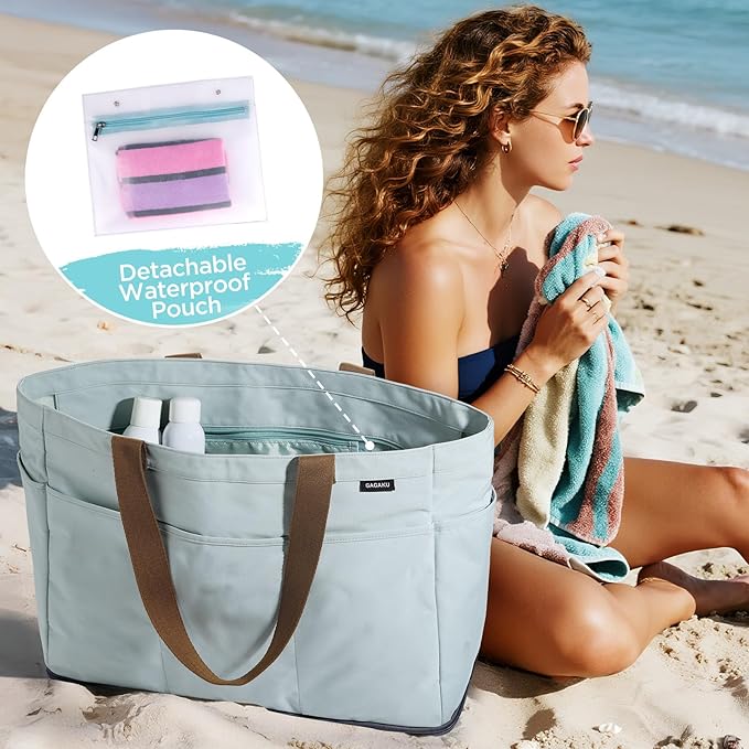GAGAKU XL Beach Bag with Zipper & Cooler Pockets | Sand-Proof Foldable Large Tote Bag for Cruise, Travel, Family, Women - Image 4