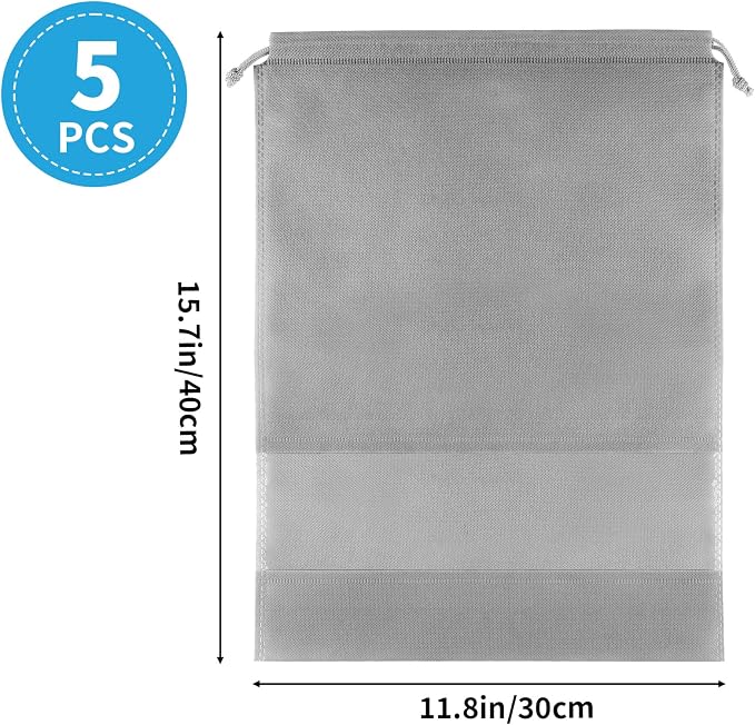 Grey Travel Shoe Bags - 5 Pcs Non-Woven Packing Bags with Clear Window | 15.7" x 11.8" Waterproof Dustproof Portable Travel Shoe Storage Bag for Men and Women - Image 2